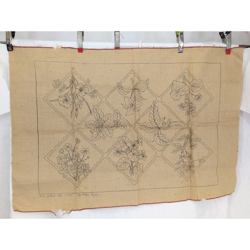 Vintage Rug Hooking Pattern Cat In Flowers Quail Hill Design On Burlap 29" X 24"